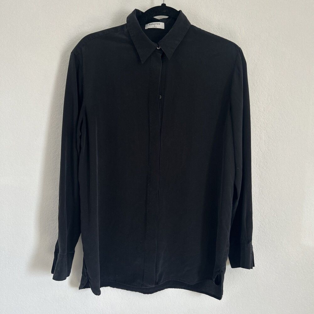 Aritzia Babaton Academy 100% Silk Blouse Black Button Up Shirt #92287 Sz S